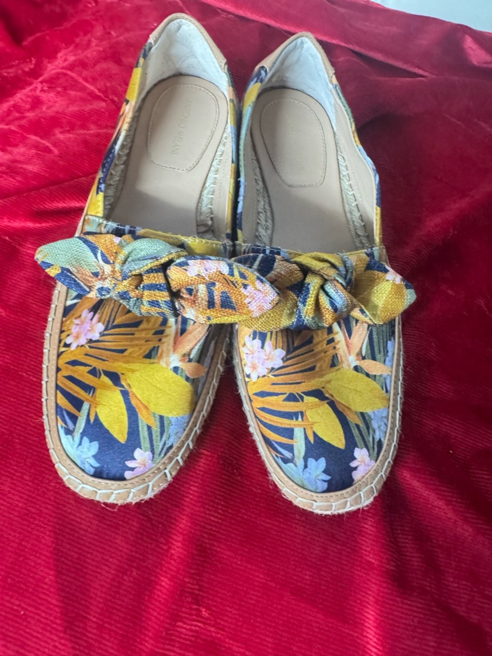 ANTONIO MELANI Yellow and Navy Floral Espadrille Slip-Ons